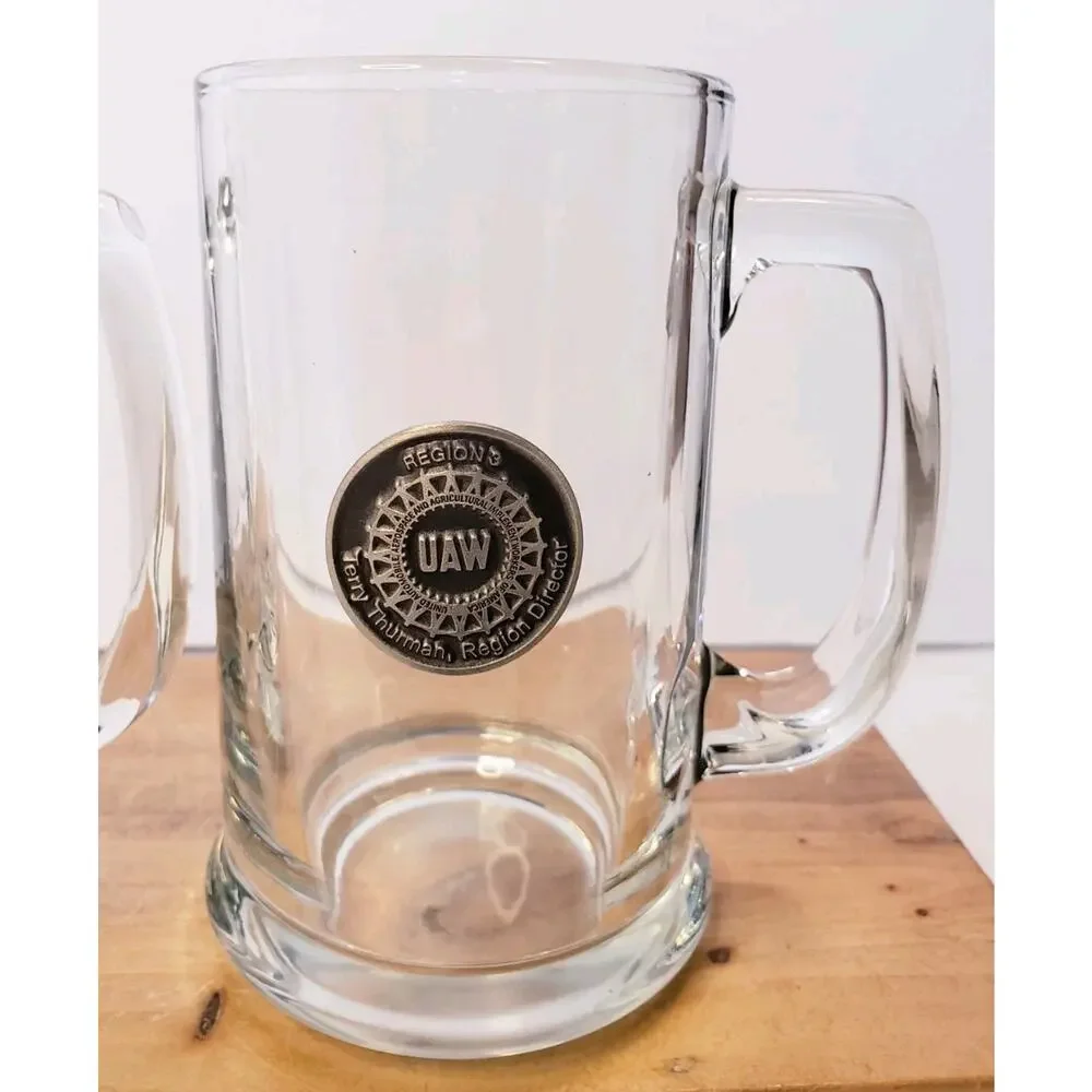 Libbey Set Of‎ 2 UAW Region 8 Medallion Beer Mugs Tankard Glasses 10oz